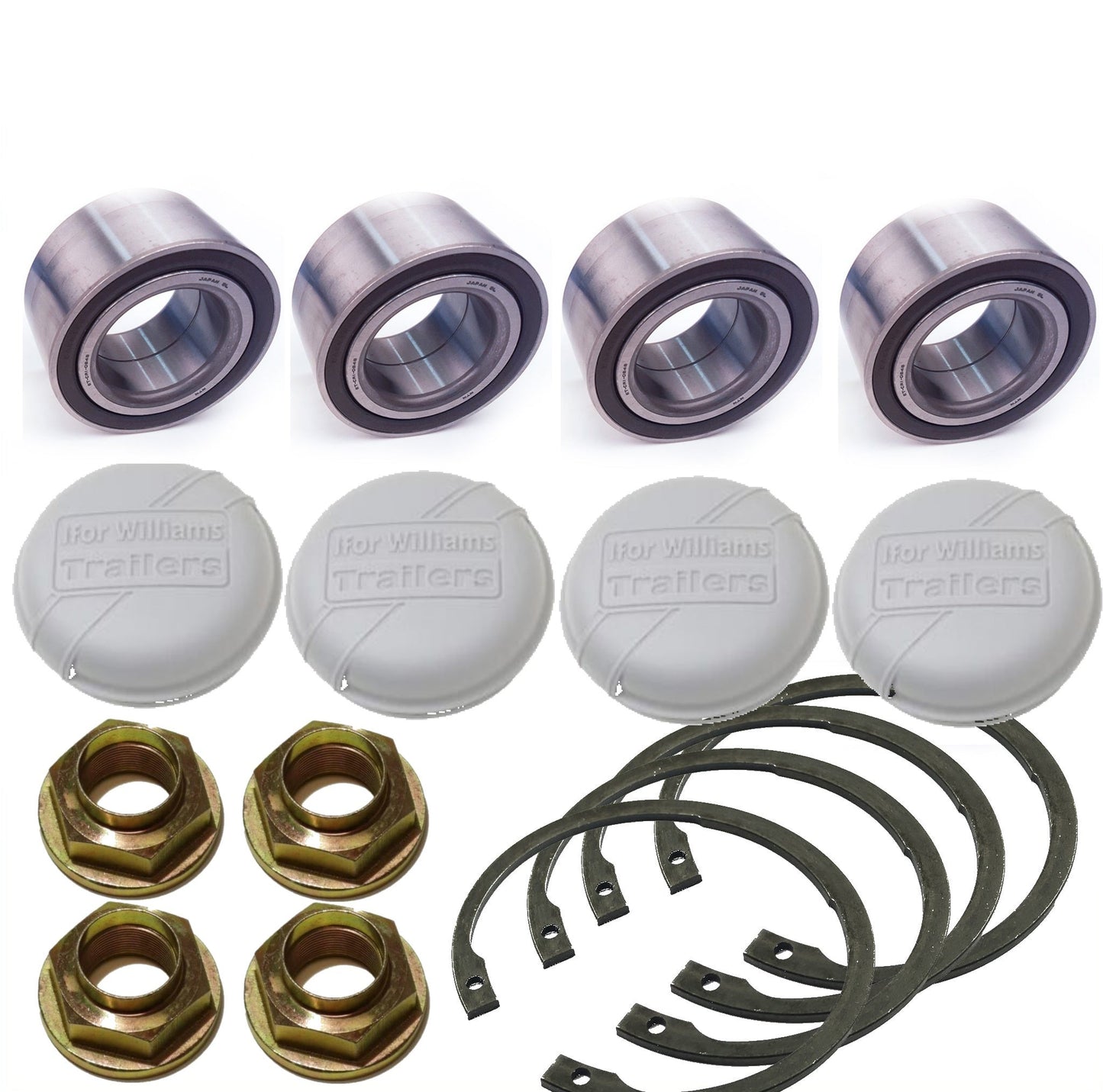 4 x Wheel Bearings 76MM with Stake Nuts, Hub Caps and Circlips for Ifor Williams